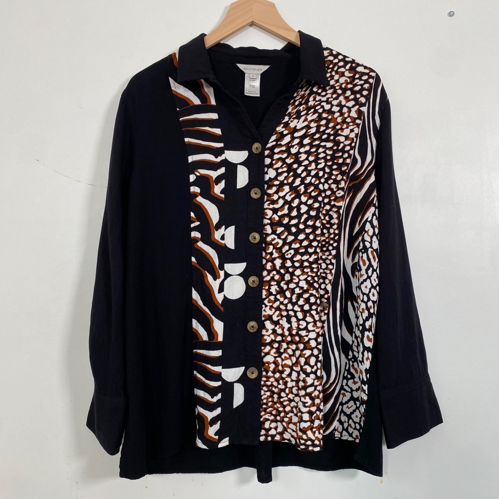 Multiples Womens Boho Lagenlook Button Up Top Size XL Mixed Print Eclectic Lagom